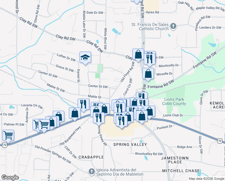 map of restaurants, bars, coffee shops, grocery stores, and more near 5420 Mitchell Street in Mableton