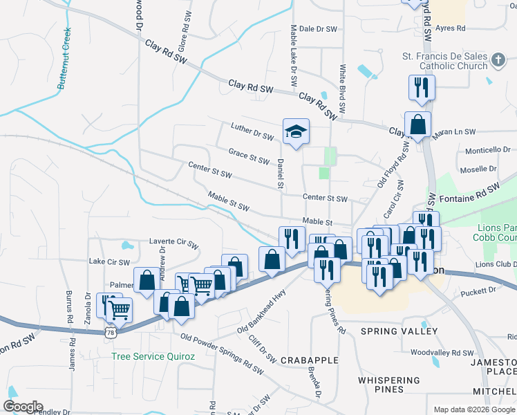 map of restaurants, bars, coffee shops, grocery stores, and more near 1104 Mable Street in Mableton
