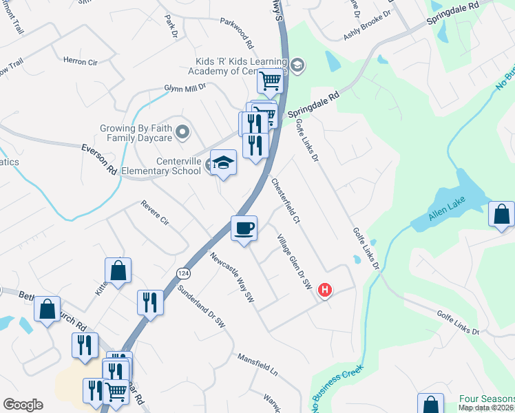 map of restaurants, bars, coffee shops, grocery stores, and more near 3106 Georgia 124 in Snellville