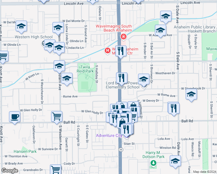 map of restaurants, bars, coffee shops, grocery stores, and more near 716 South Hayward Street in Anaheim