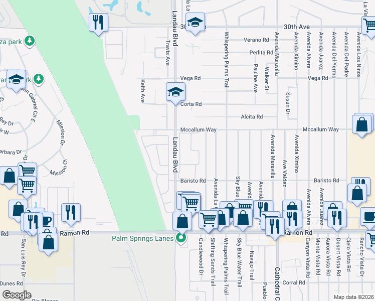 map of restaurants, bars, coffee shops, grocery stores, and more near 31200 Landau Boulevard in Cathedral City