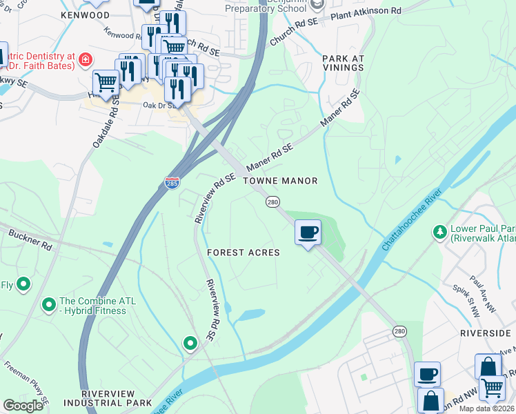 map of restaurants, bars, coffee shops, grocery stores, and more near 2464 Elmwood Circle Southeast in Smyrna