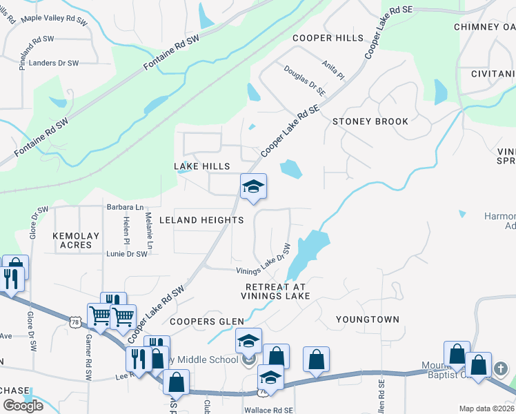map of restaurants, bars, coffee shops, grocery stores, and more near 5336 Vinings Lake View Southwest in Mableton