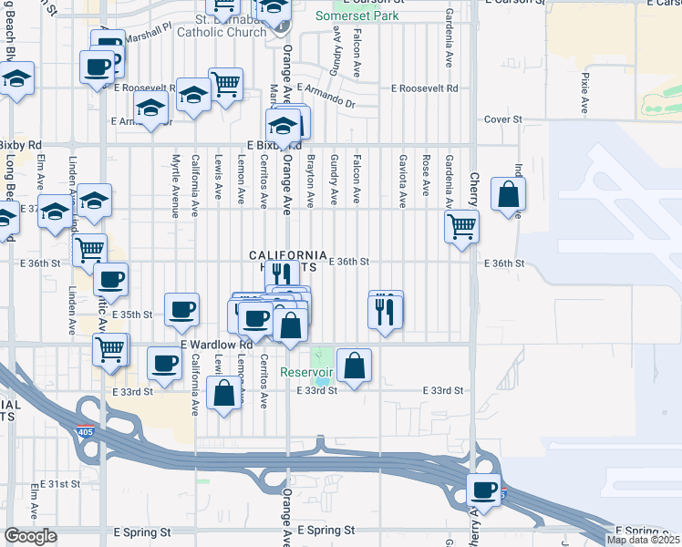 map of restaurants, bars, coffee shops, grocery stores, and more near 3580 Gundry Avenue in Long Beach