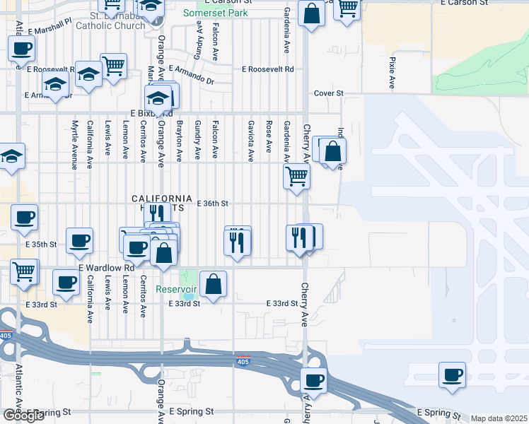 map of restaurants, bars, coffee shops, grocery stores, and more near 3591 Rose Avenue in Long Beach