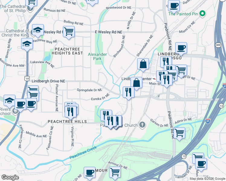 map of restaurants, bars, coffee shops, grocery stores, and more near 2467 Sharondale Drive Northeast in Atlanta