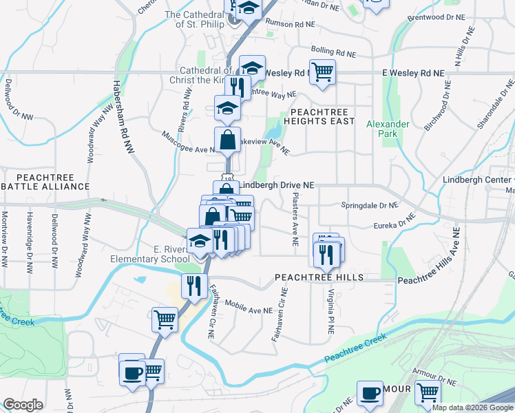 map of restaurants, bars, coffee shops, grocery stores, and more near 100 Terrace Drive Northeast in Atlanta