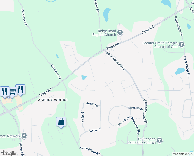 map of restaurants, bars, coffee shops, grocery stores, and more near 173 Ridge Run Drive in Hiram