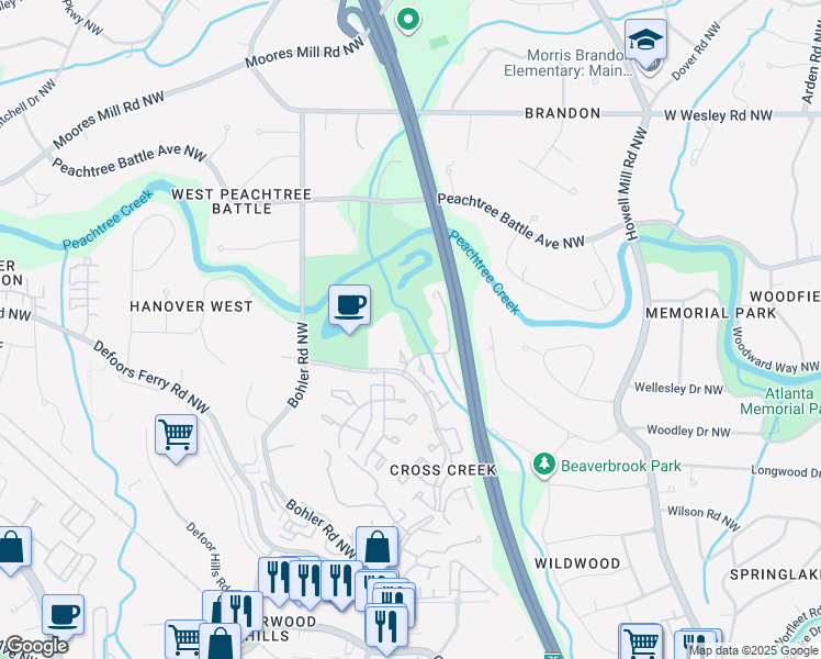 map of restaurants, bars, coffee shops, grocery stores, and more near 146 Elysian Way Northwest in Atlanta
