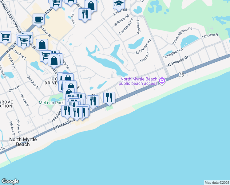 map of restaurants, bars, coffee shops, grocery stores, and more near 212 4th Avenue North in North Myrtle Beach
