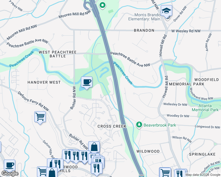 map of restaurants, bars, coffee shops, grocery stores, and more near 146 Elysian Way Northwest in Atlanta
