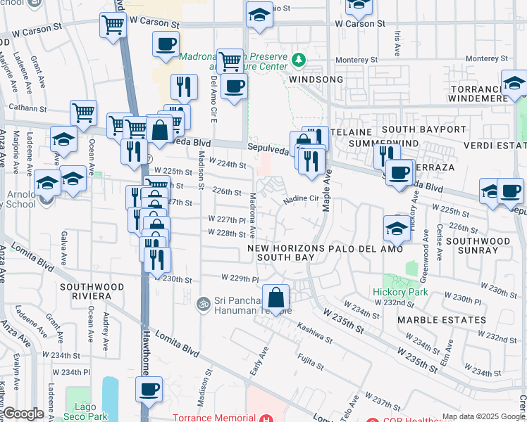 map of restaurants, bars, coffee shops, grocery stores, and more near in Torrance