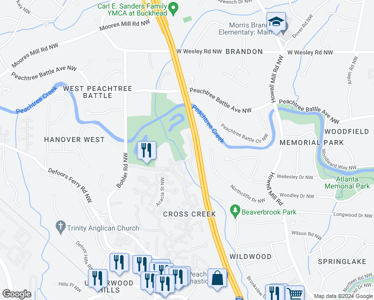 map of restaurants, bars, coffee shops, grocery stores, and more near 146 Elysian Way Northwest in Atlanta