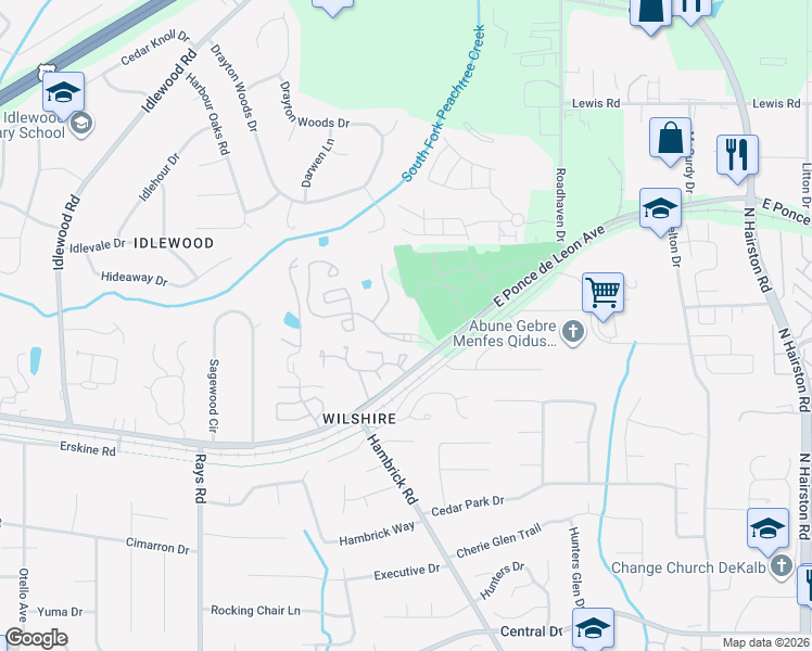 map of restaurants, bars, coffee shops, grocery stores, and more near 5130 East Ponce de Leon Avenue in Stone Mountain