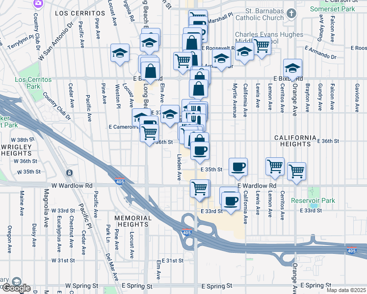 map of restaurants, bars, coffee shops, grocery stores, and more near 3618 Linden Avenue in Long Beach