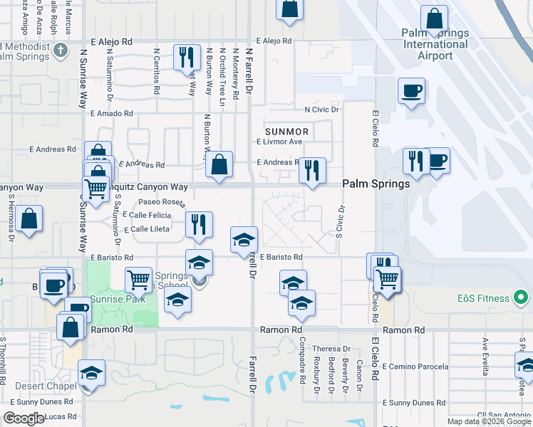 map of restaurants, bars, coffee shops, grocery stores, and more near 129 Vibe Way in Palm Springs