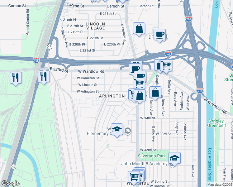 map of restaurants, bars, coffee shops, grocery stores, and more near 1924 West Arlington Street in Long Beach