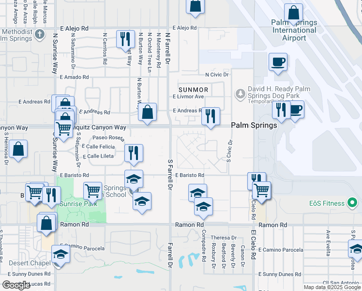 map of restaurants, bars, coffee shops, grocery stores, and more near 131 Vibe Way in Palm Springs
