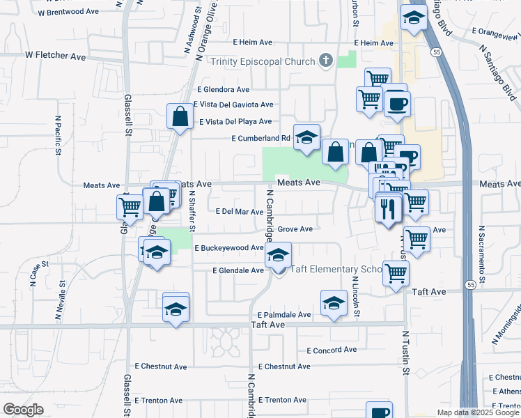 map of restaurants, bars, coffee shops, grocery stores, and more near 2025 North Chouteau Street in Orange