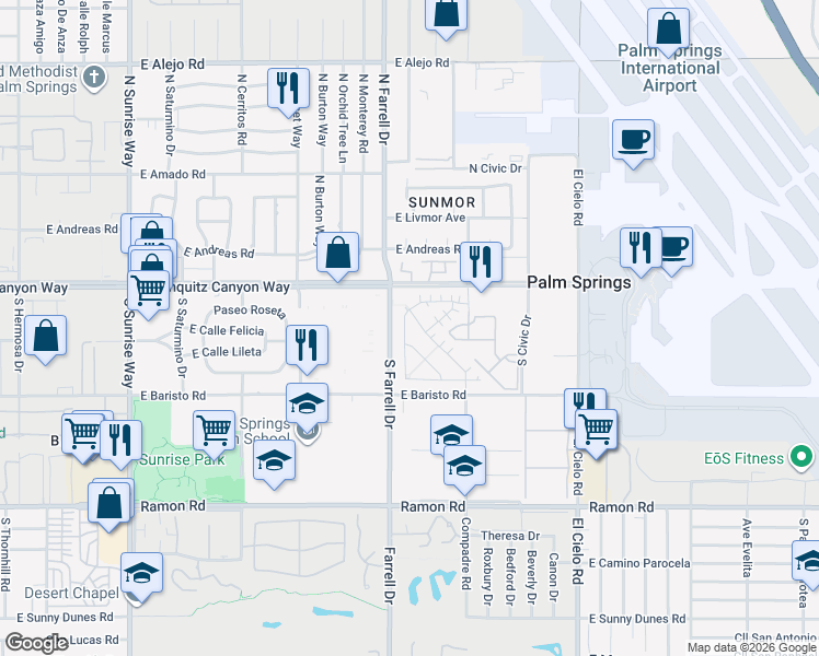 map of restaurants, bars, coffee shops, grocery stores, and more near 129 Vibe Way in Palm Springs