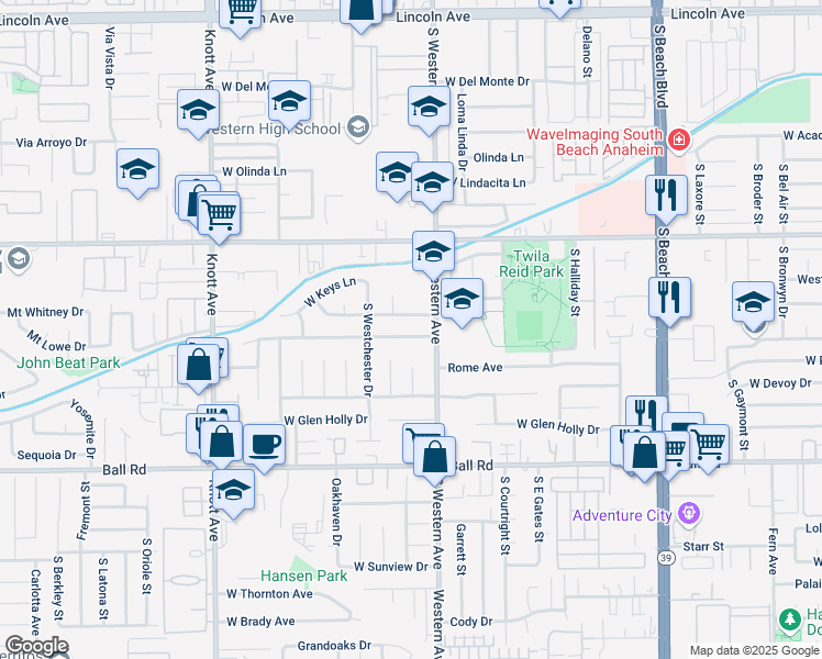 map of restaurants, bars, coffee shops, grocery stores, and more near 3224 Stonybrook Drive in Anaheim