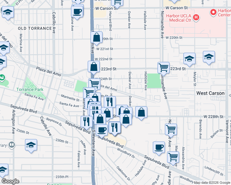 map of restaurants, bars, coffee shops, grocery stores, and more near 1554 Plaza del Amo in Torrance