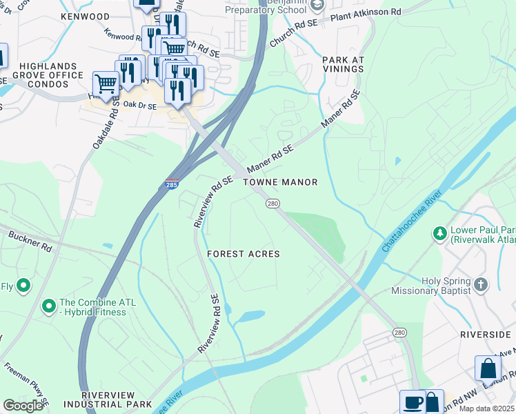 map of restaurants, bars, coffee shops, grocery stores, and more near 2464 Elmwood Circle Southeast in Smyrna