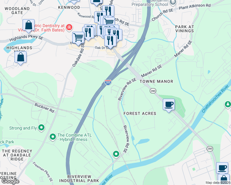 map of restaurants, bars, coffee shops, grocery stores, and more near 5328 Concordia Place in Atlanta