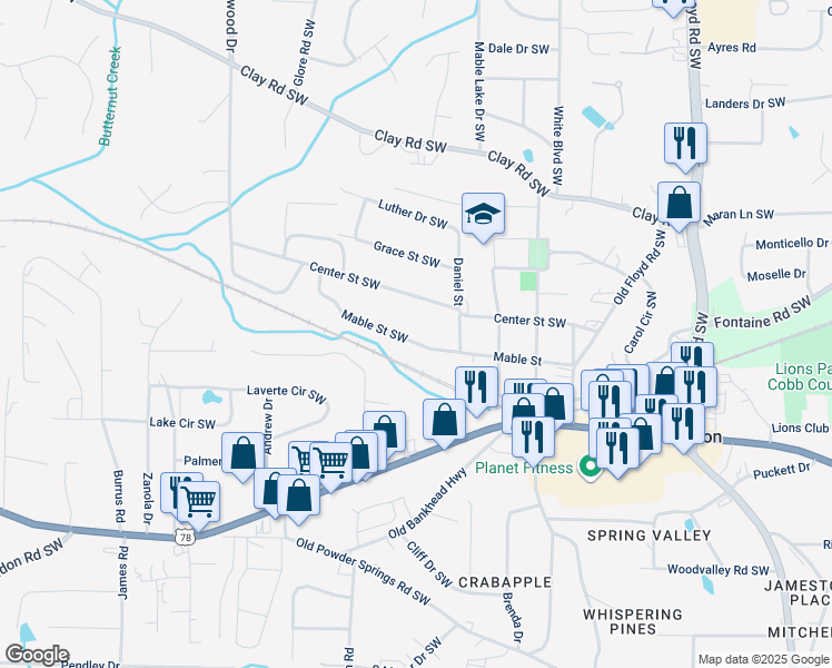 map of restaurants, bars, coffee shops, grocery stores, and more near 1104 Mable Street in Mableton