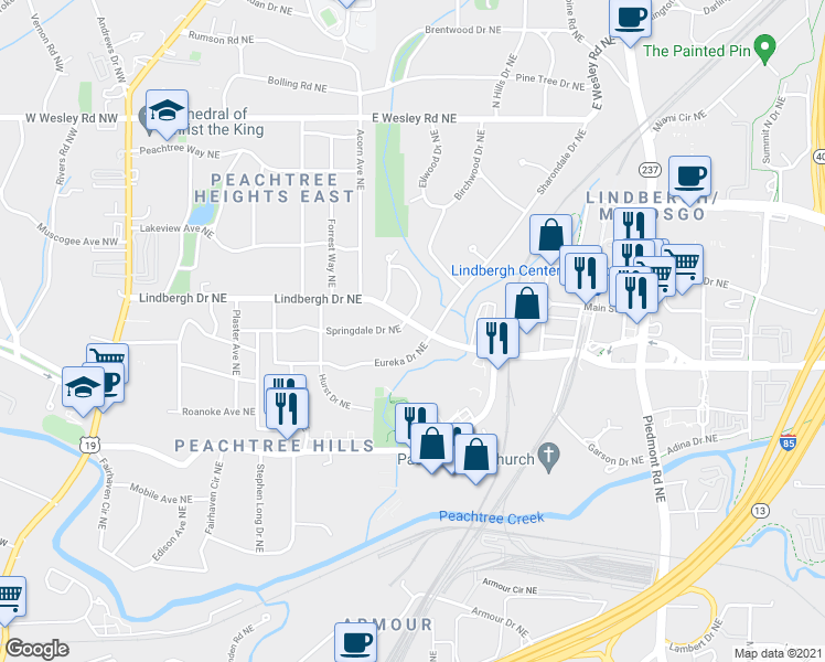 map of restaurants, bars, coffee shops, grocery stores, and more near 351 Lindbergh Drive Northeast in Atlanta