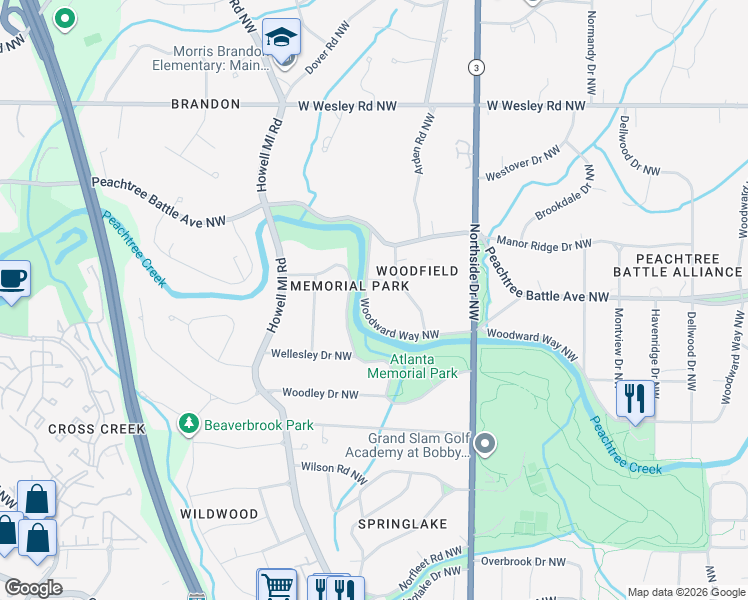 map of restaurants, bars, coffee shops, grocery stores, and more near 741 Woodward Way Northwest in Atlanta