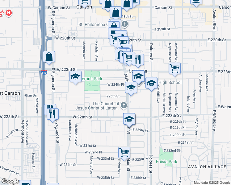 map of restaurants, bars, coffee shops, grocery stores, and more near 140 West 225th Street in Carson