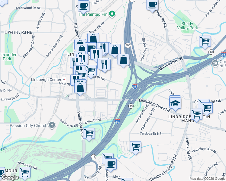 map of restaurants, bars, coffee shops, grocery stores, and more near 718 Cosmopolitan Drive Northeast in Atlanta