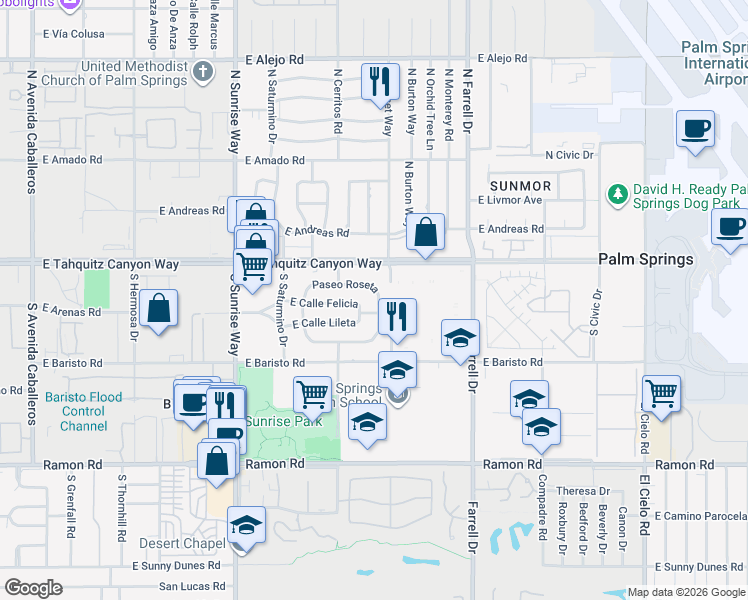 map of restaurants, bars, coffee shops, grocery stores, and more near 2227 Paseo Roseta in Palm Springs