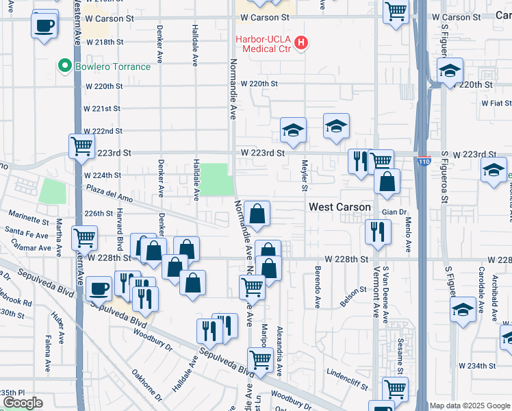 map of restaurants, bars, coffee shops, grocery stores, and more near 22516 Normandie Avenue in Torrance