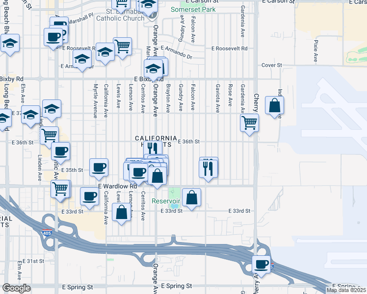 map of restaurants, bars, coffee shops, grocery stores, and more near 3580 Gundry Avenue in Long Beach