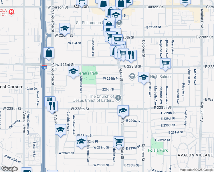 map of restaurants, bars, coffee shops, grocery stores, and more near 158 West 225th Street in Carson