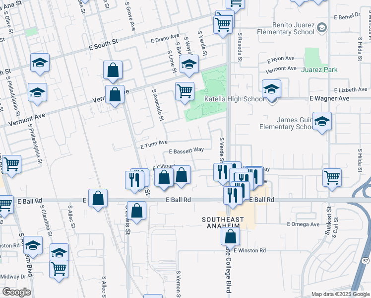 map of restaurants, bars, coffee shops, grocery stores, and more near 1429 East Bassett Way in Anaheim