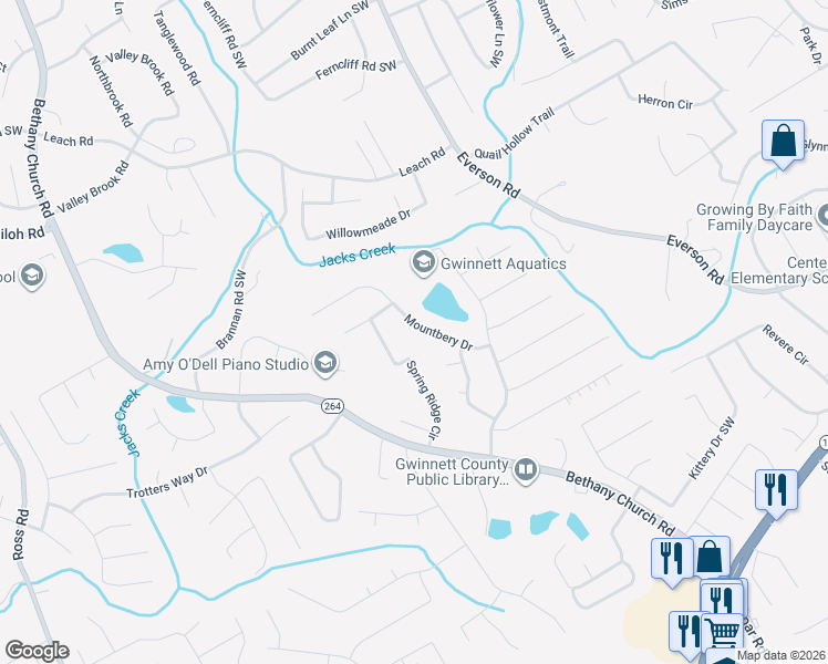 map of restaurants, bars, coffee shops, grocery stores, and more near 2827 Mountbery Drive in Snellville