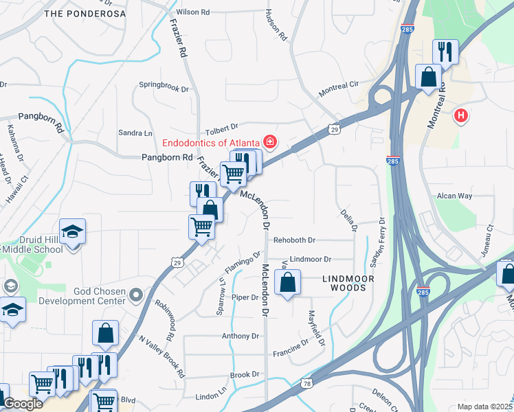 map of restaurants, bars, coffee shops, grocery stores, and more near 1412 Camden Walk in Decatur