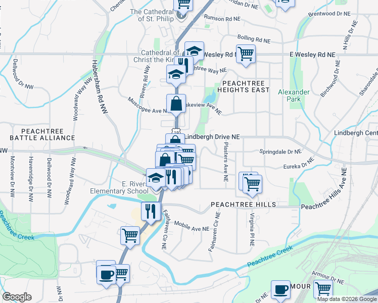 map of restaurants, bars, coffee shops, grocery stores, and more near 50 Terrace Drive Northeast in Atlanta