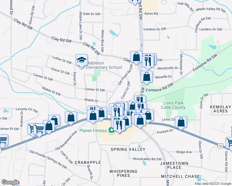 map of restaurants, bars, coffee shops, grocery stores, and more near 5425 Old Floyd Road Southwest in Mableton