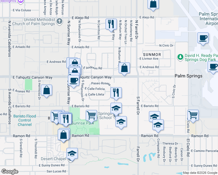 map of restaurants, bars, coffee shops, grocery stores, and more near 2227 Paseo Roseta in Palm Springs