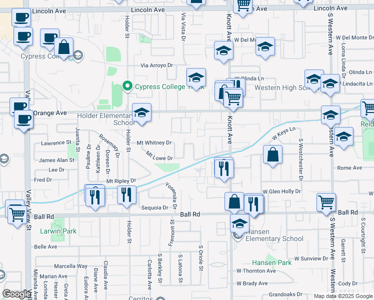 map of restaurants, bars, coffee shops, grocery stores, and more near 9694 Mount Barnard Drive in Buena Park