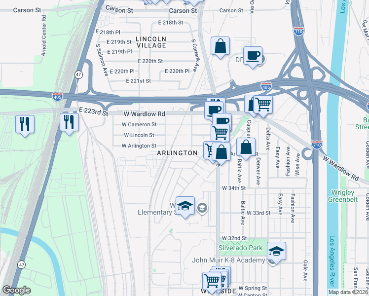 map of restaurants, bars, coffee shops, grocery stores, and more near 1924 West Arlington Street in Long Beach