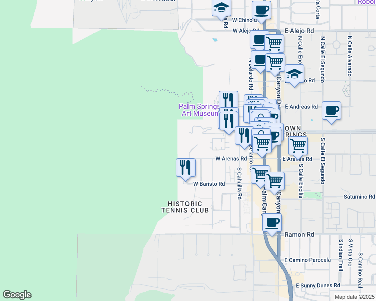map of restaurants, bars, coffee shops, grocery stores, and more near 151 South Tahquitz Drive in Palm Springs