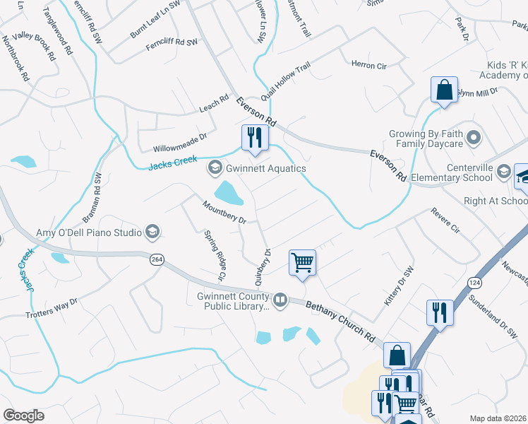 map of restaurants, bars, coffee shops, grocery stores, and more near 2883 Quinbery Drive in Snellville