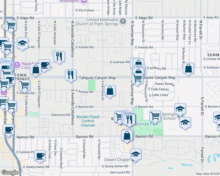 map of restaurants, bars, coffee shops, grocery stores, and more near 1345 Vue Place in Palm Springs