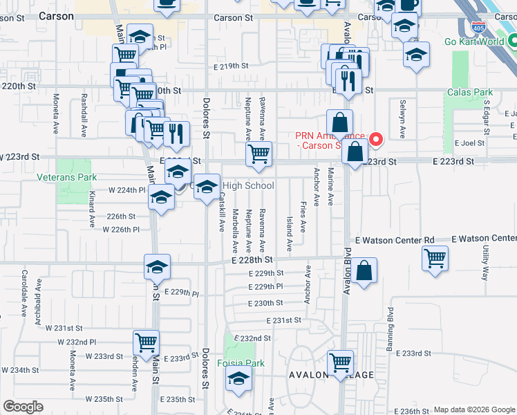map of restaurants, bars, coffee shops, grocery stores, and more near 22519 Ravenna Avenue in Carson