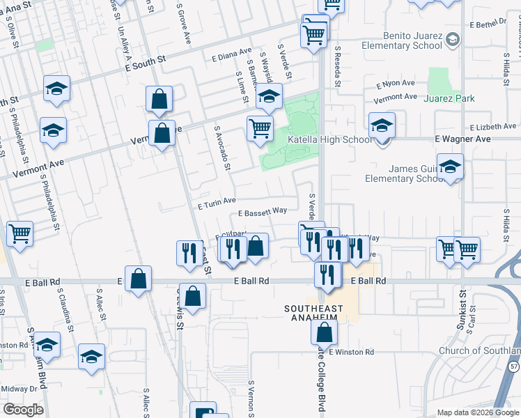 map of restaurants, bars, coffee shops, grocery stores, and more near 1429 East Bassett Way in Anaheim
